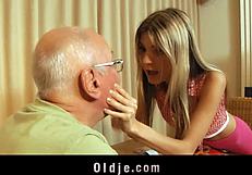 Young blonde teen gives an old man a blowjob and gets licked